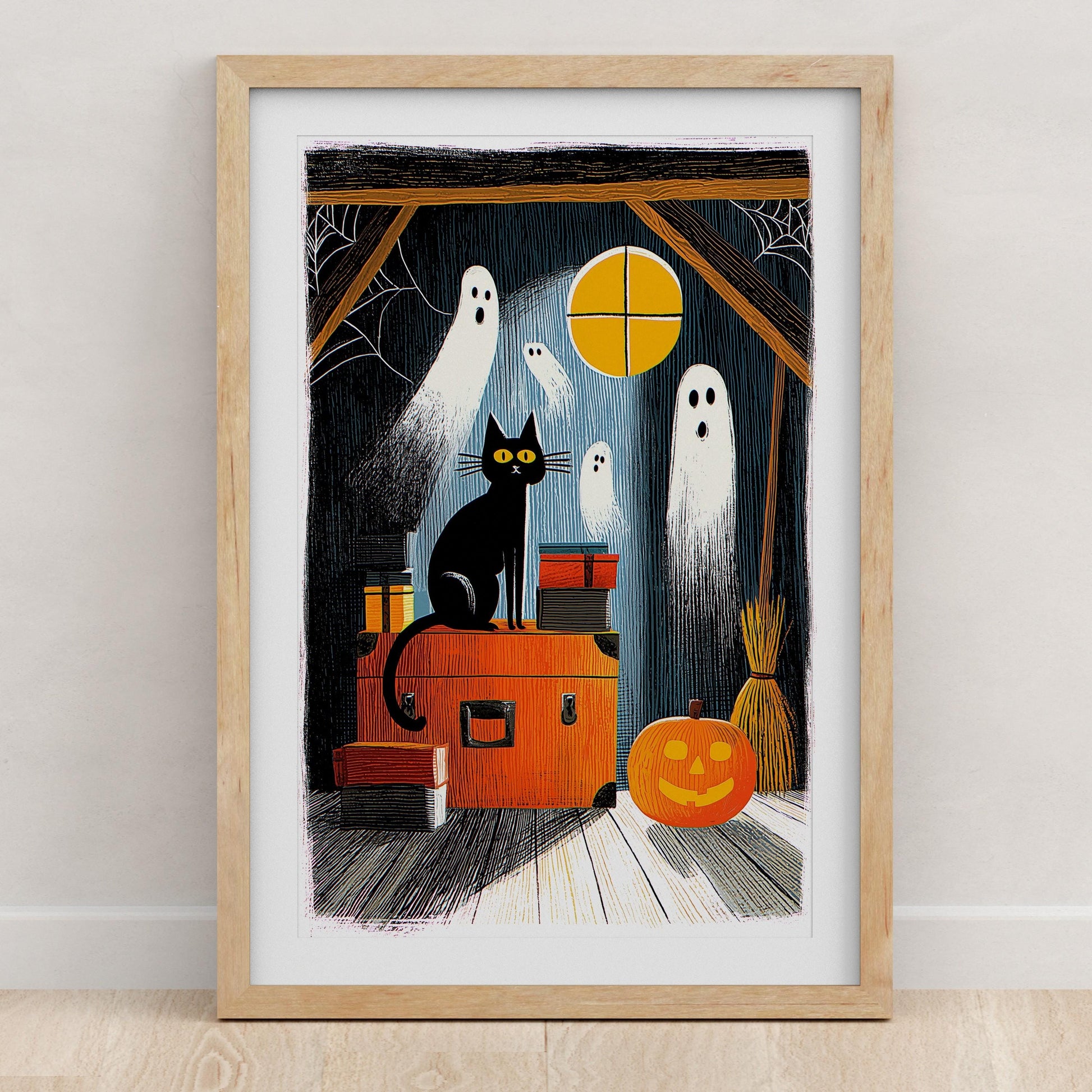 Black Cat folk-art art print, blank inside