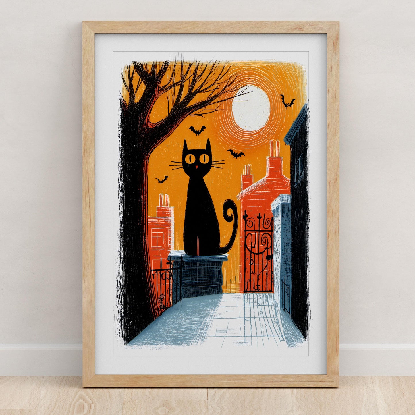 Black Cat folk-art art print, blank inside