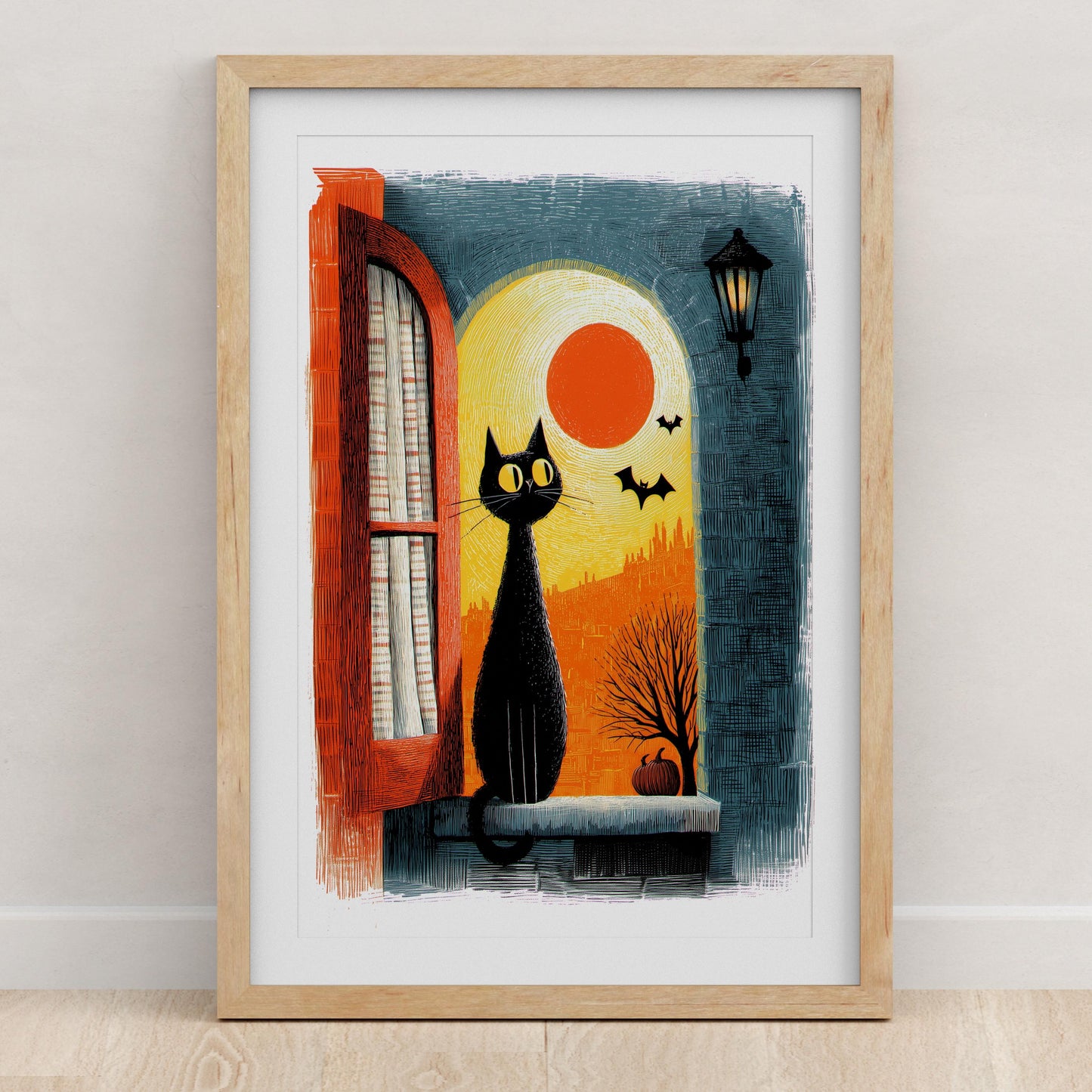 Black Cat folk-art art print, blank inside
