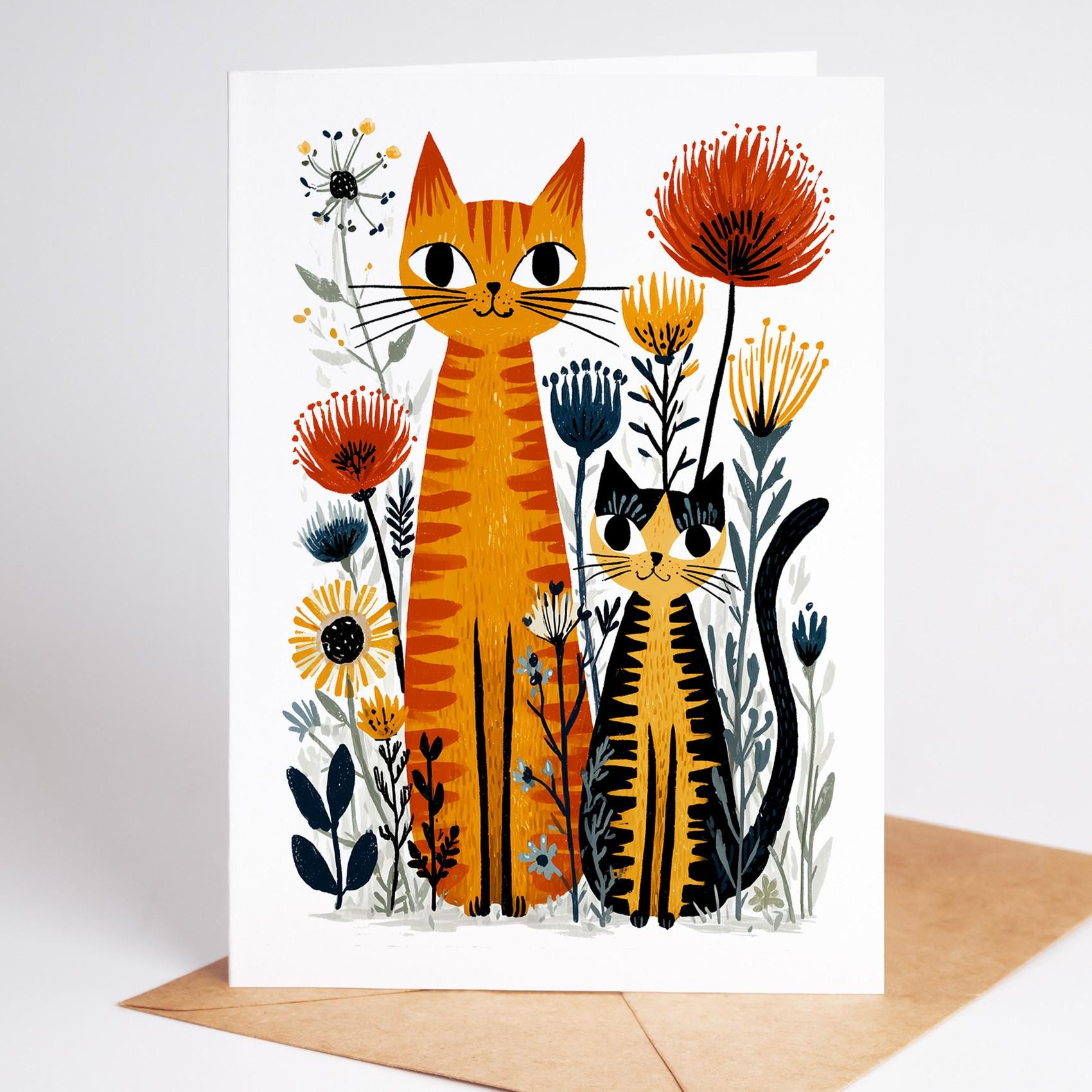 Cat Lover folk-art greeting card, blank inside