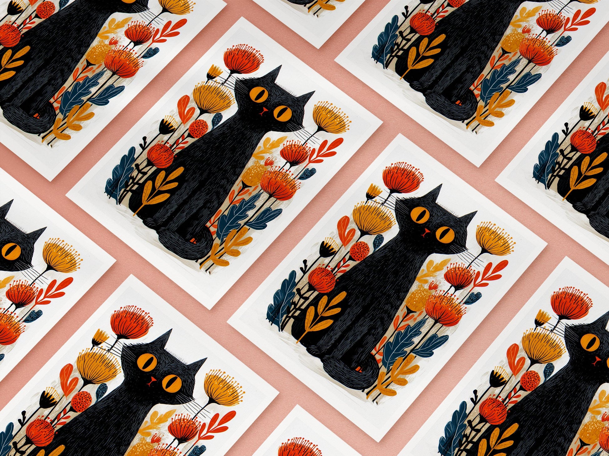 Black Cat folk-art greeting card, blank inside