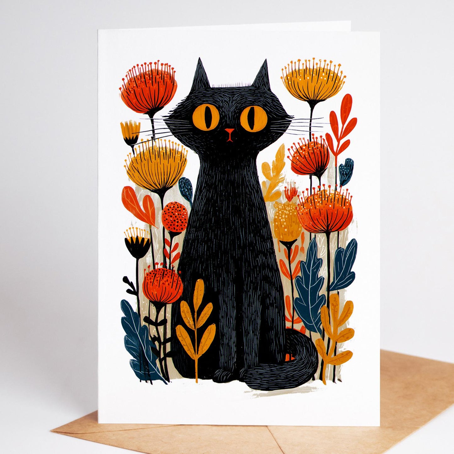 Black Cat folk-art greeting card, blank inside