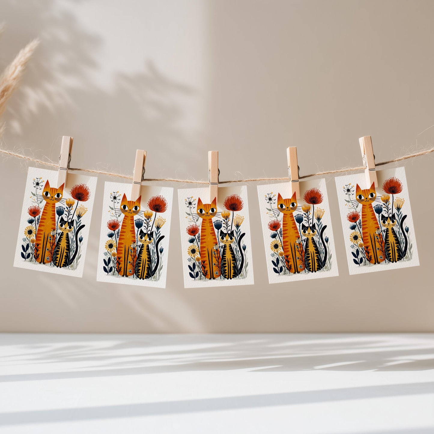 Orange Tabby Cat folk-art greeting card, blank inside