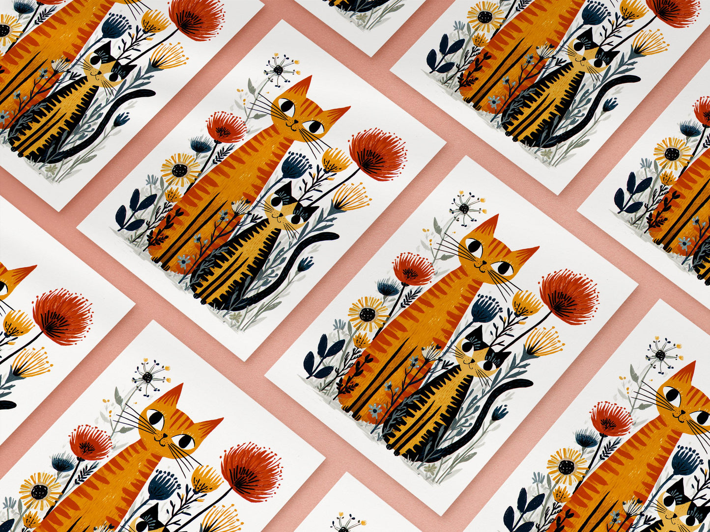 Orange Tabby Cat folk-art greeting card, blank inside