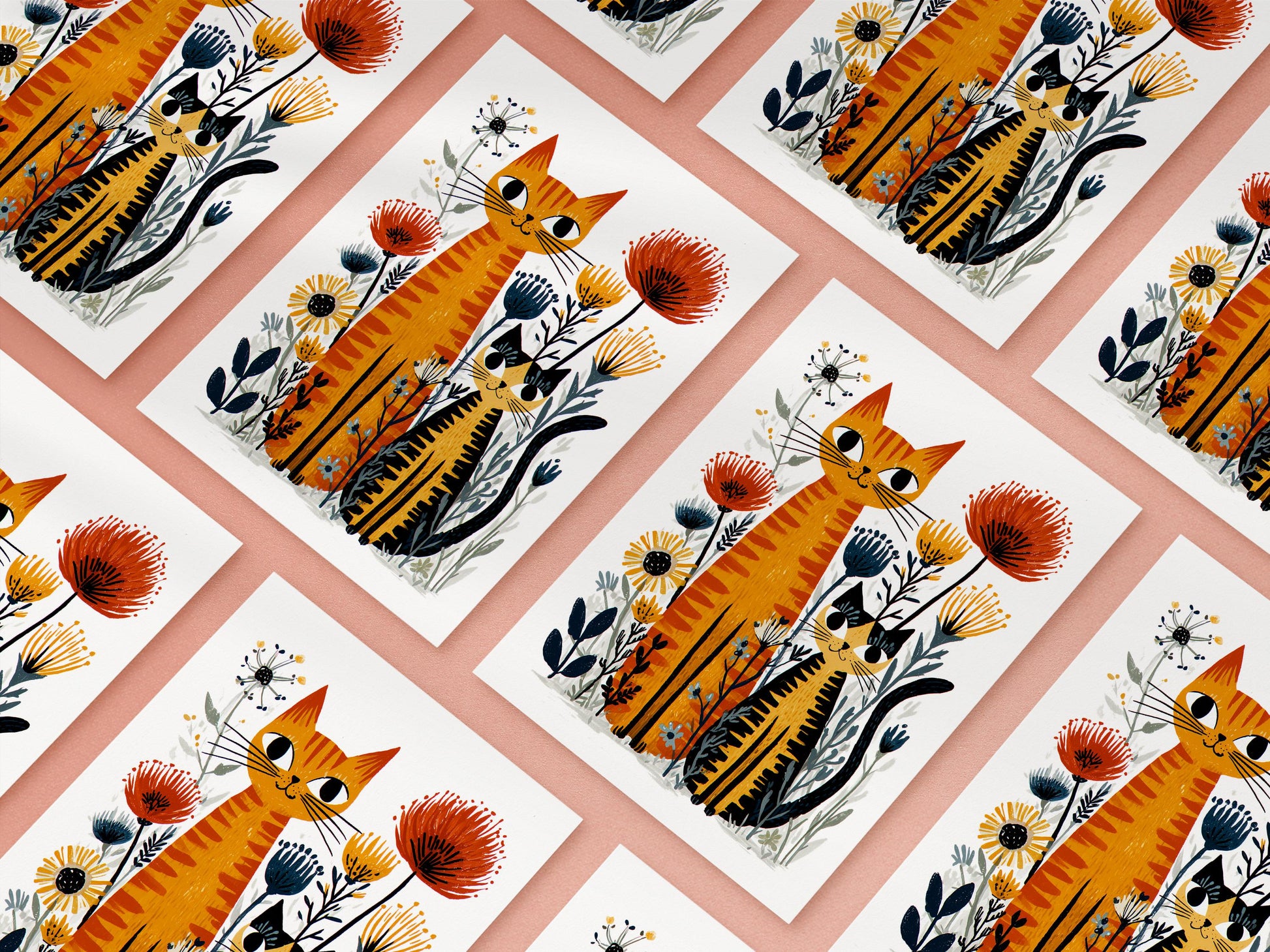 Orange Tabby Cat folk-art greeting card, blank inside