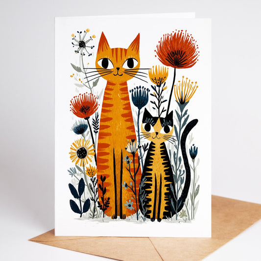 Orange Tabby Cat folk-art greeting card, blank inside