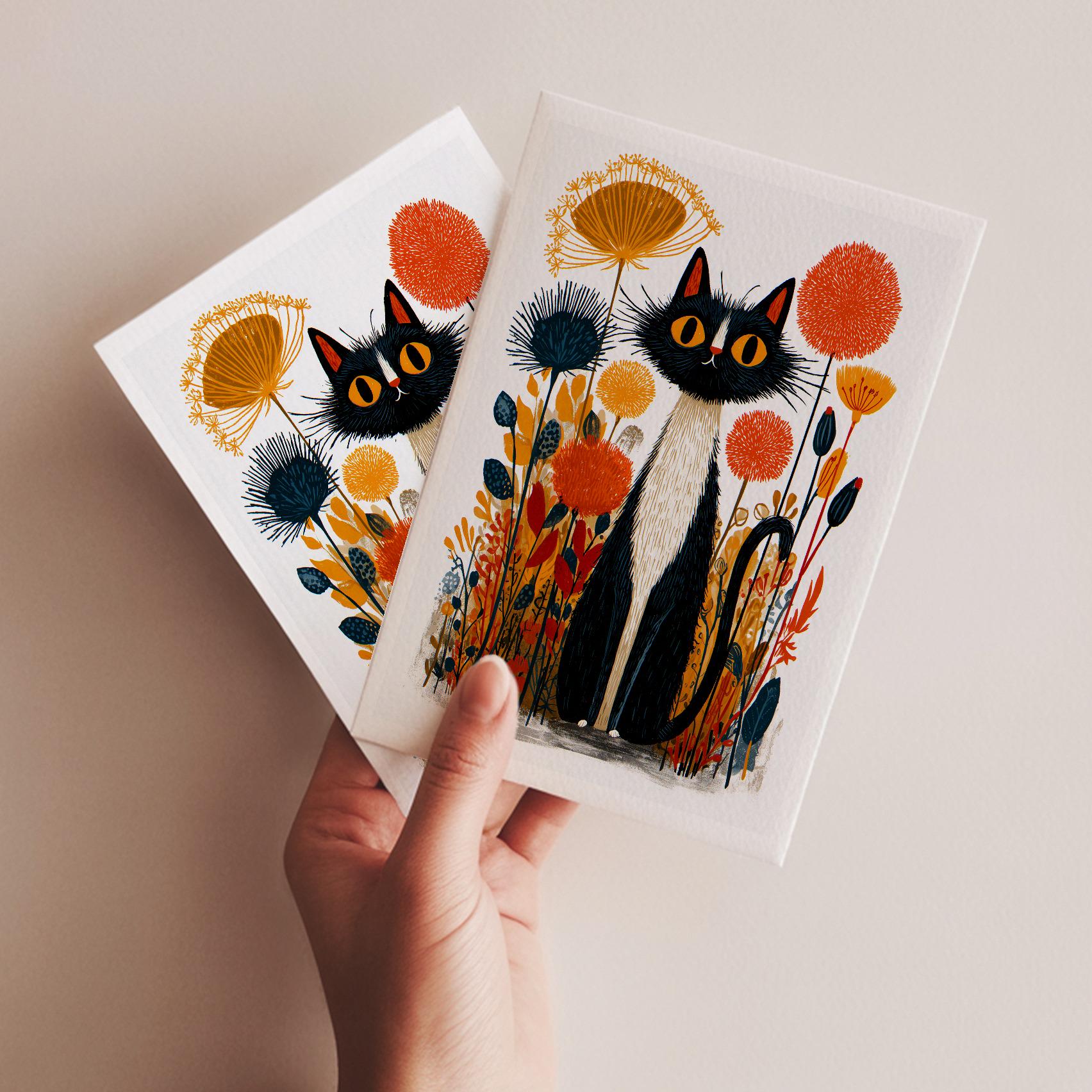 Tuxedo Cat folk-art greeting card, blank inside