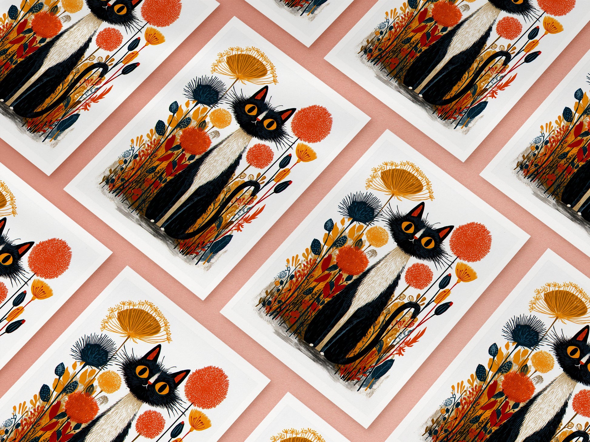 Tuxedo Cat folk-art greeting card, blank inside