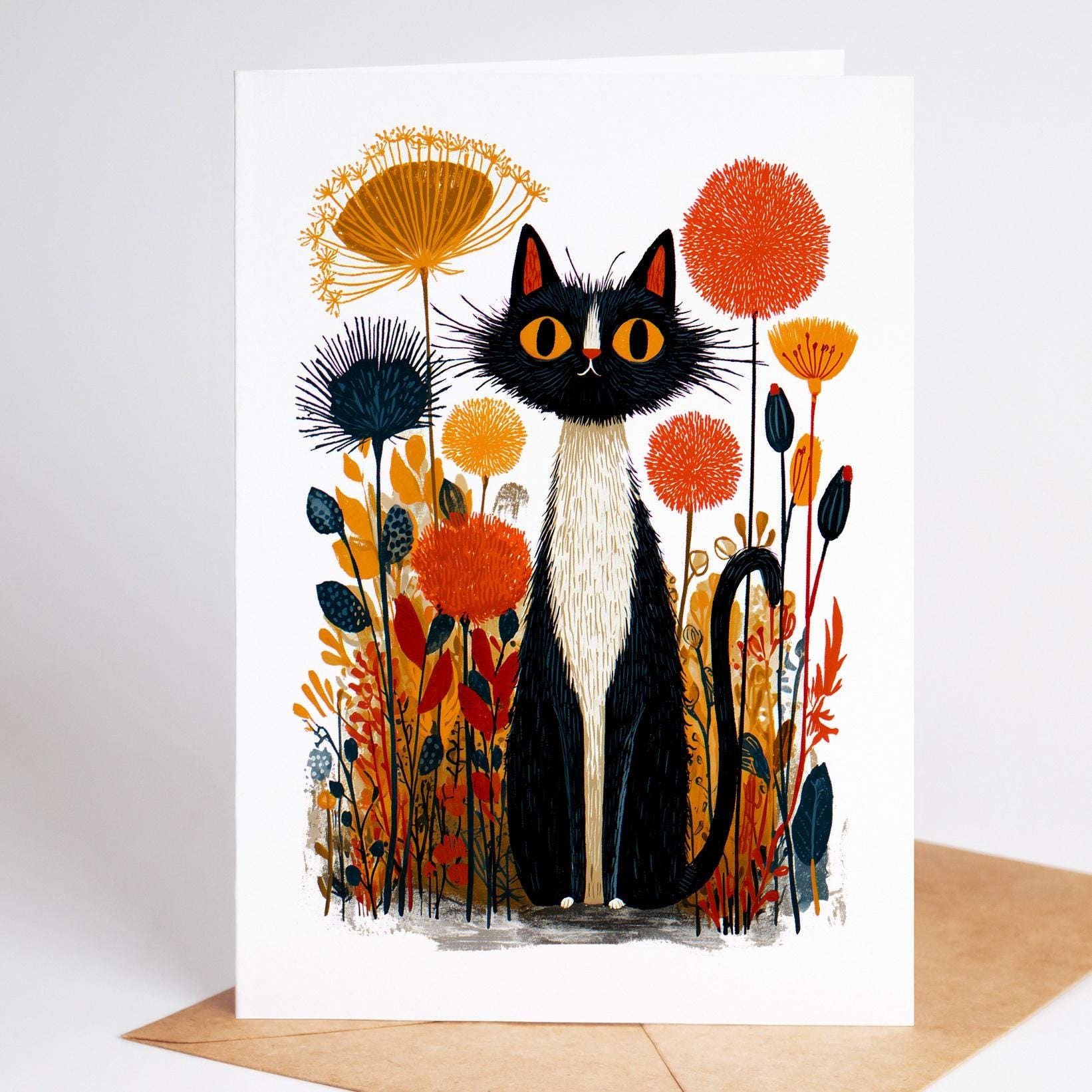 Tuxedo Cat folk-art greeting card, blank inside