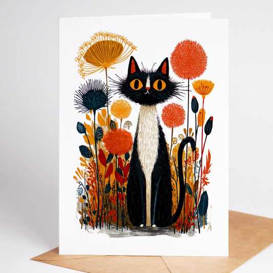 Tuxedo Cat folk-art greeting card, blank inside