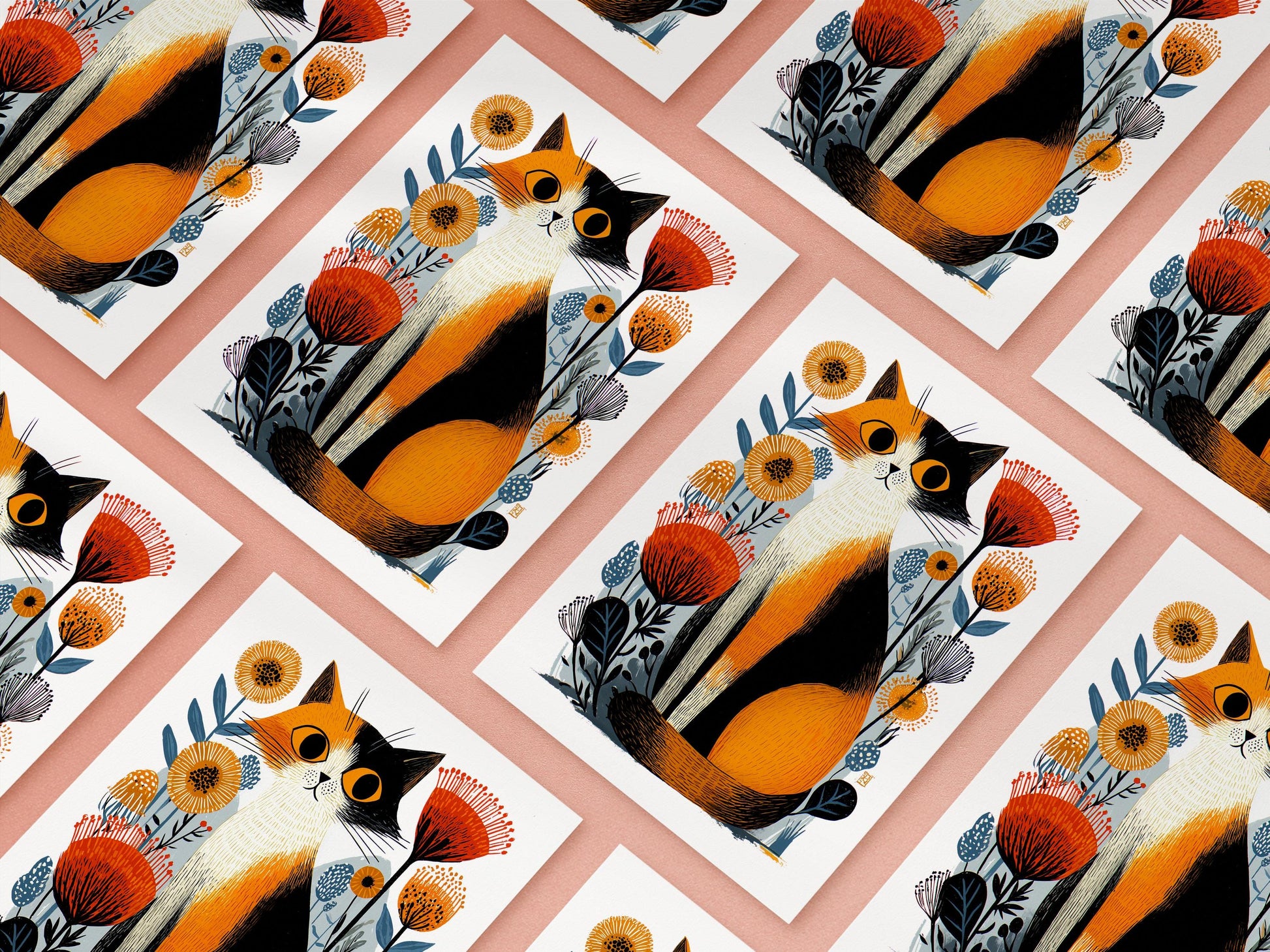 Calico Cat folk-art greeting card, blank inside