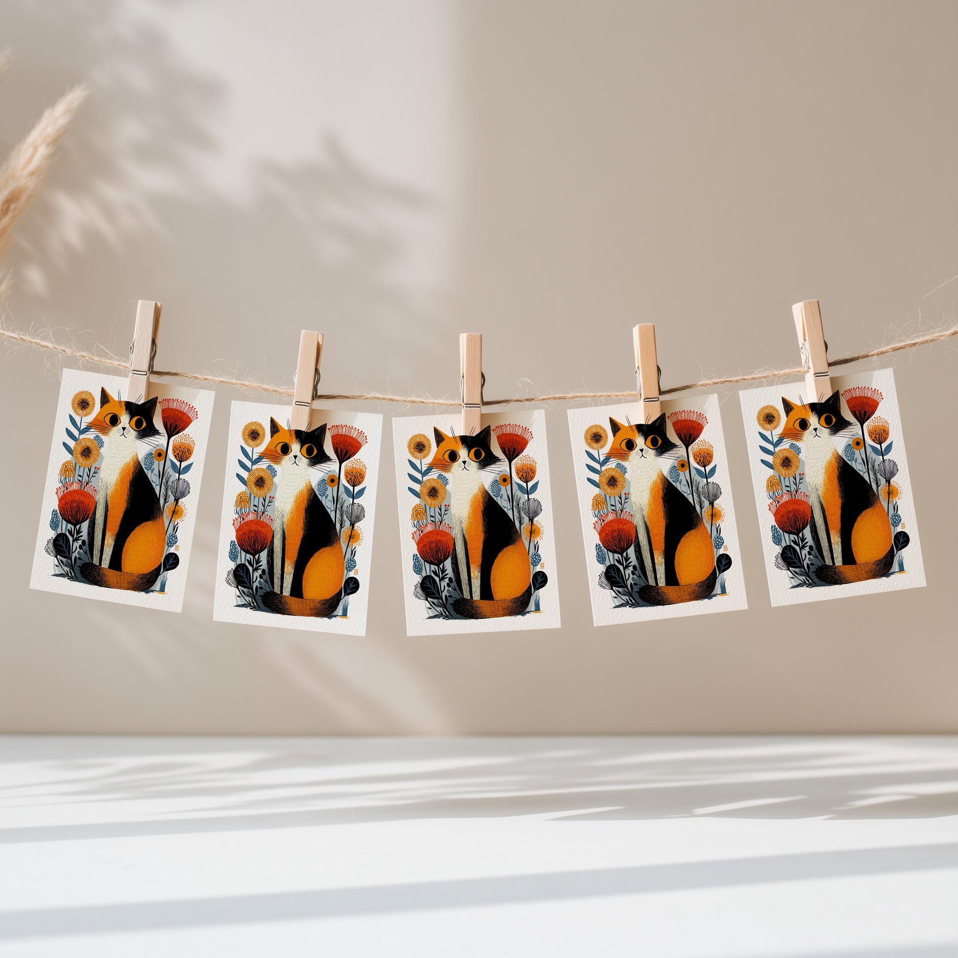 Calico Cat folk-art greeting card, blank inside