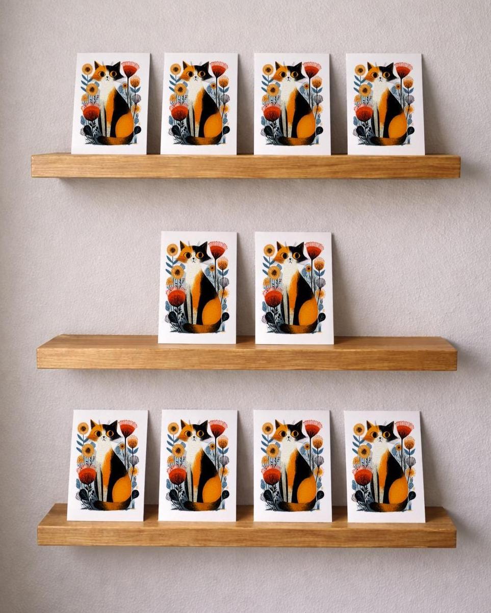 Calico Cat folk-art greeting card, blank inside