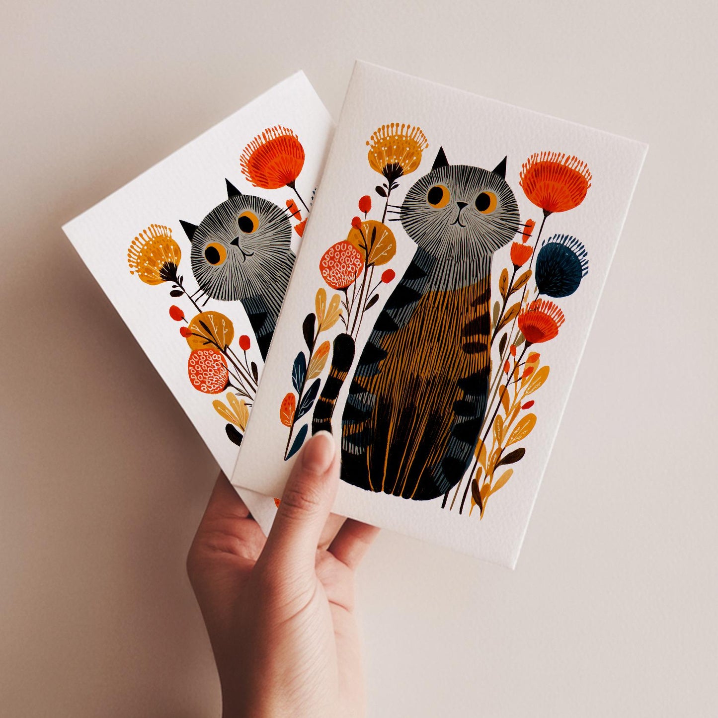 Grey Tabby Cat folk-art greeting card, blank inside