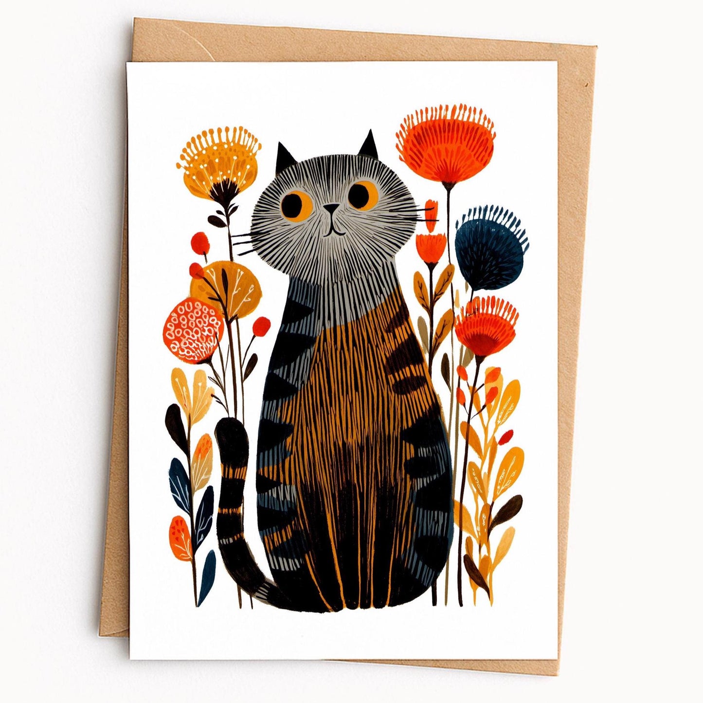 Grey Tabby Cat folk-art greeting card, blank inside