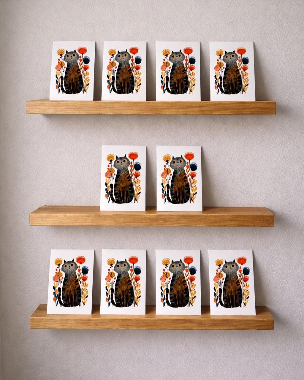 Grey Tabby Cat folk-art greeting card, blank inside