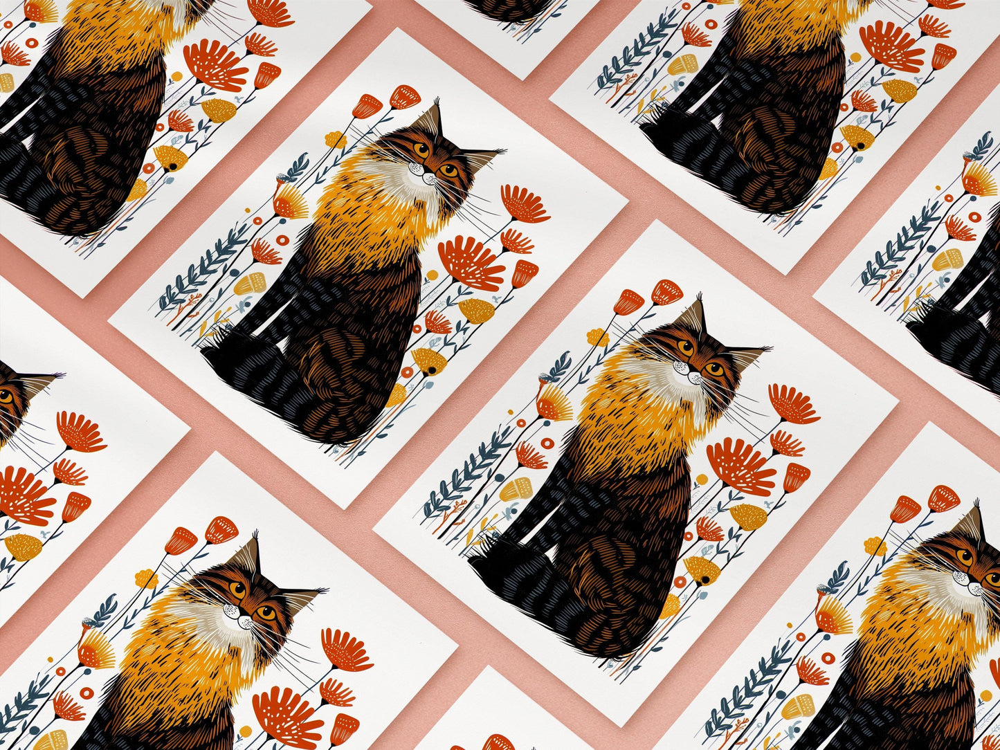 Maine Coon Cat folk-art greeting card, blank inside