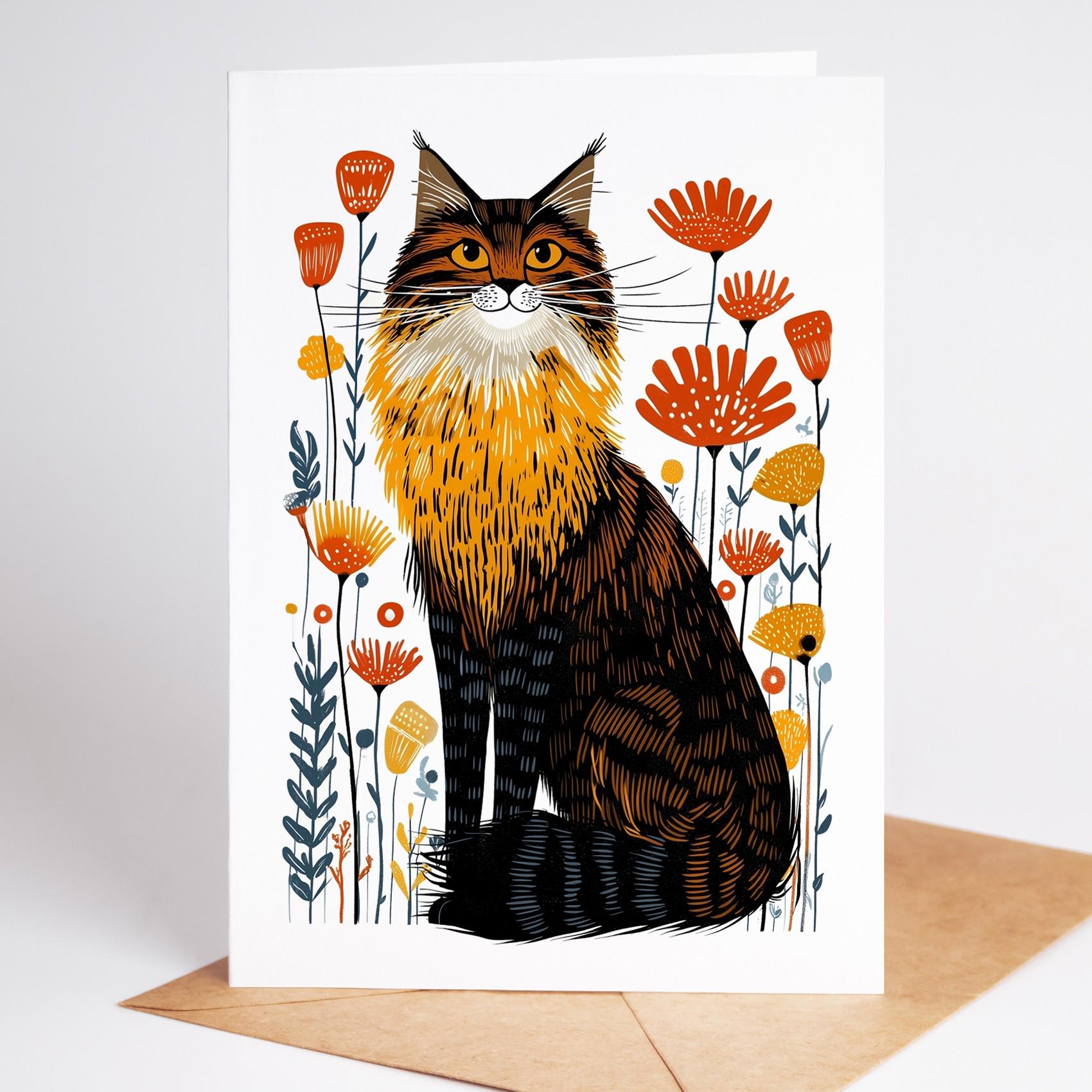 Maine Coon Cat folk-art greeting card, blank inside