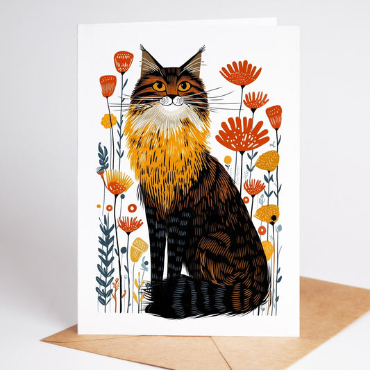 Maine Coon Cat folk-art greeting card, blank inside