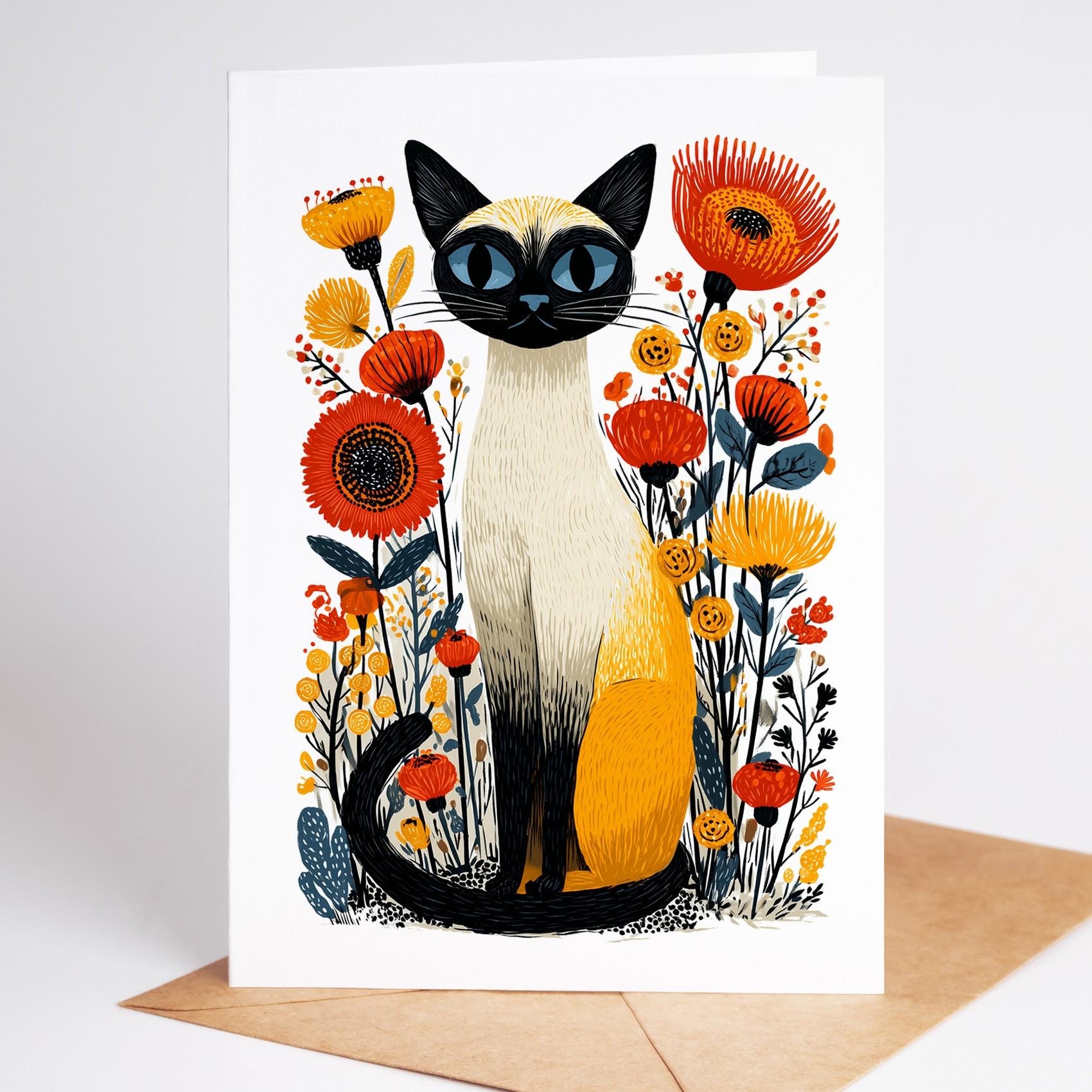 Siamese Cat folk-art greeting card, blank inside