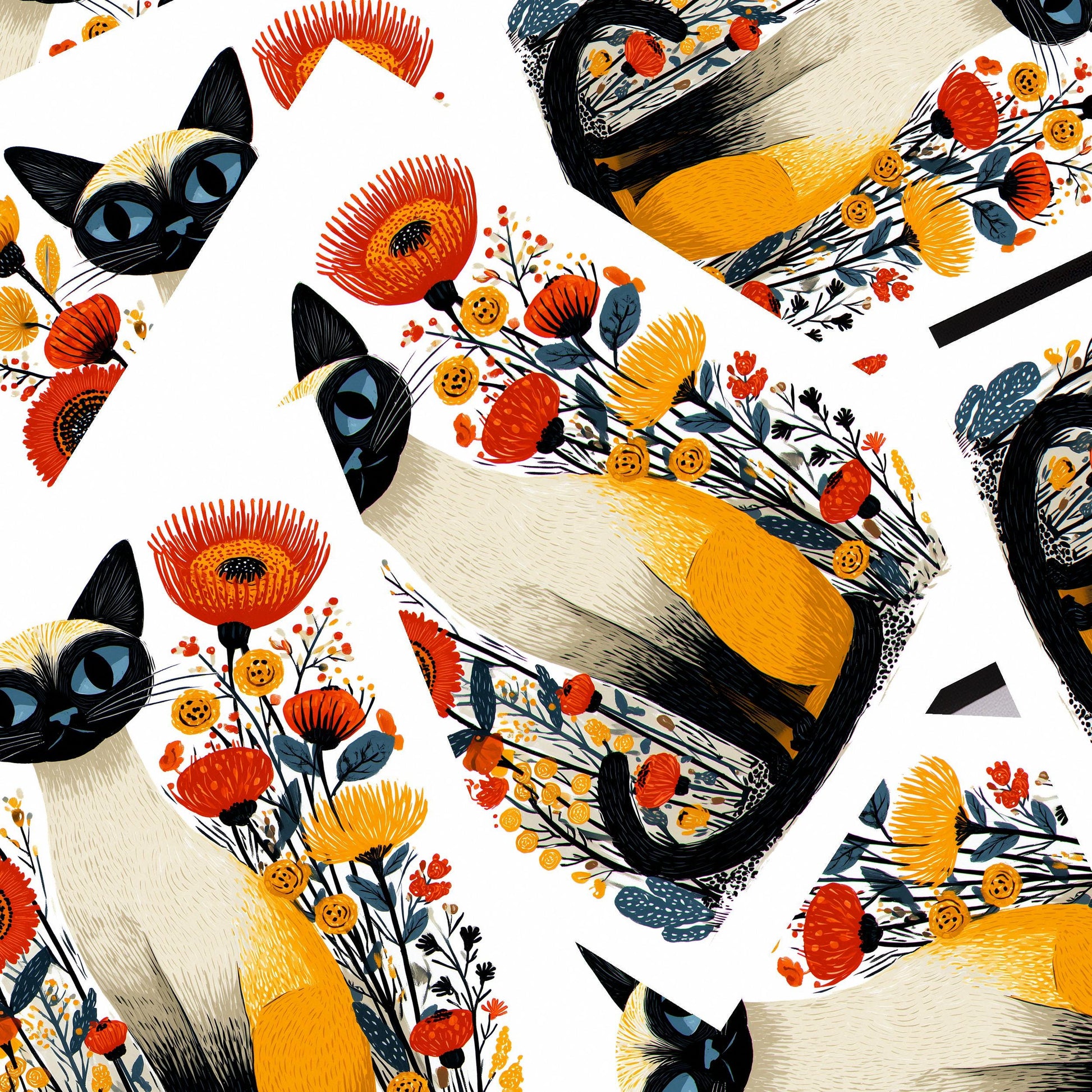 Siamese Cat folk-art greeting card, blank inside