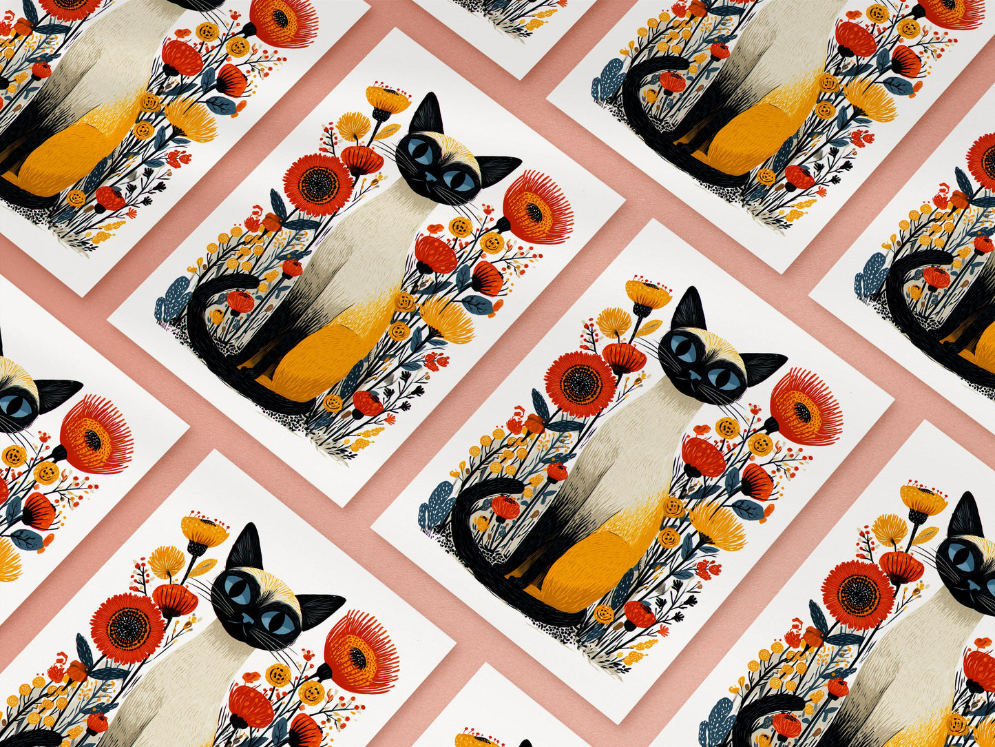 Siamese Cat folk-art greeting card, blank inside