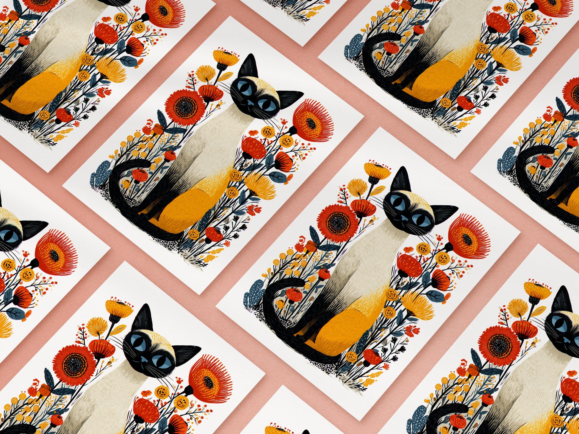 Siamese Cat folk-art greeting card, blank inside