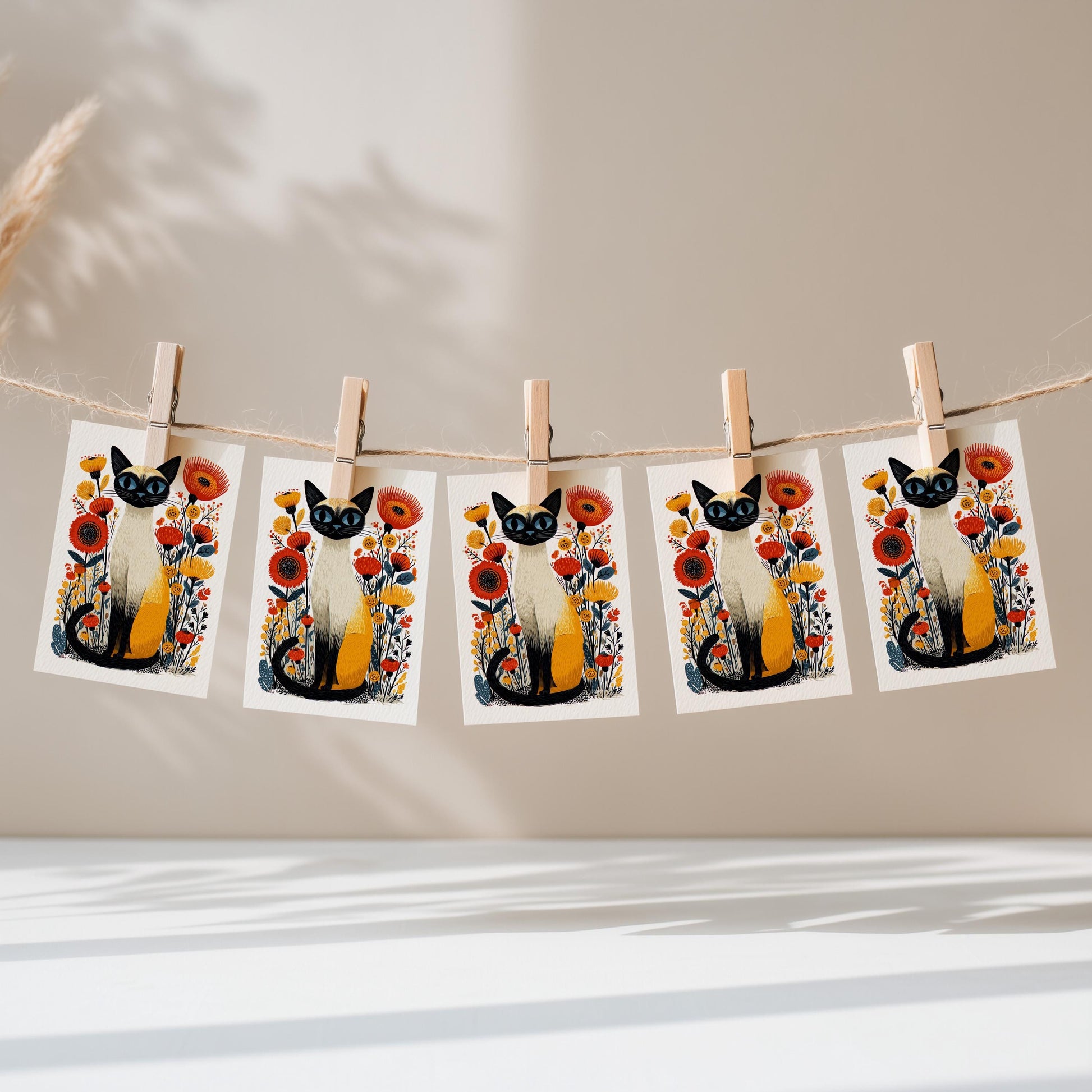 Siamese Cat folk-art greeting card, blank inside