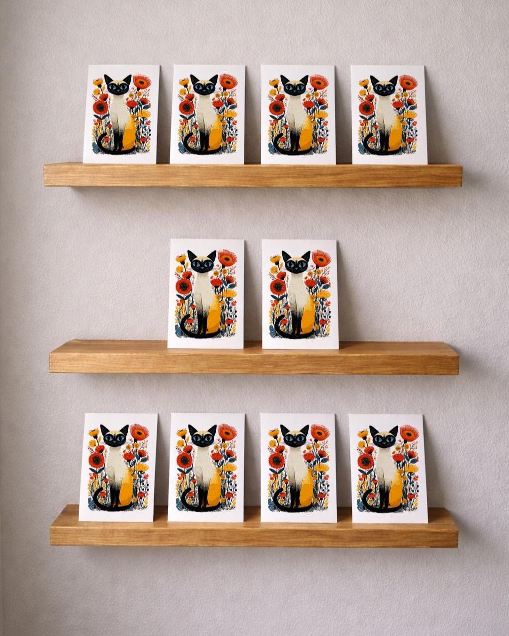 Siamese Cat folk-art greeting card, blank inside