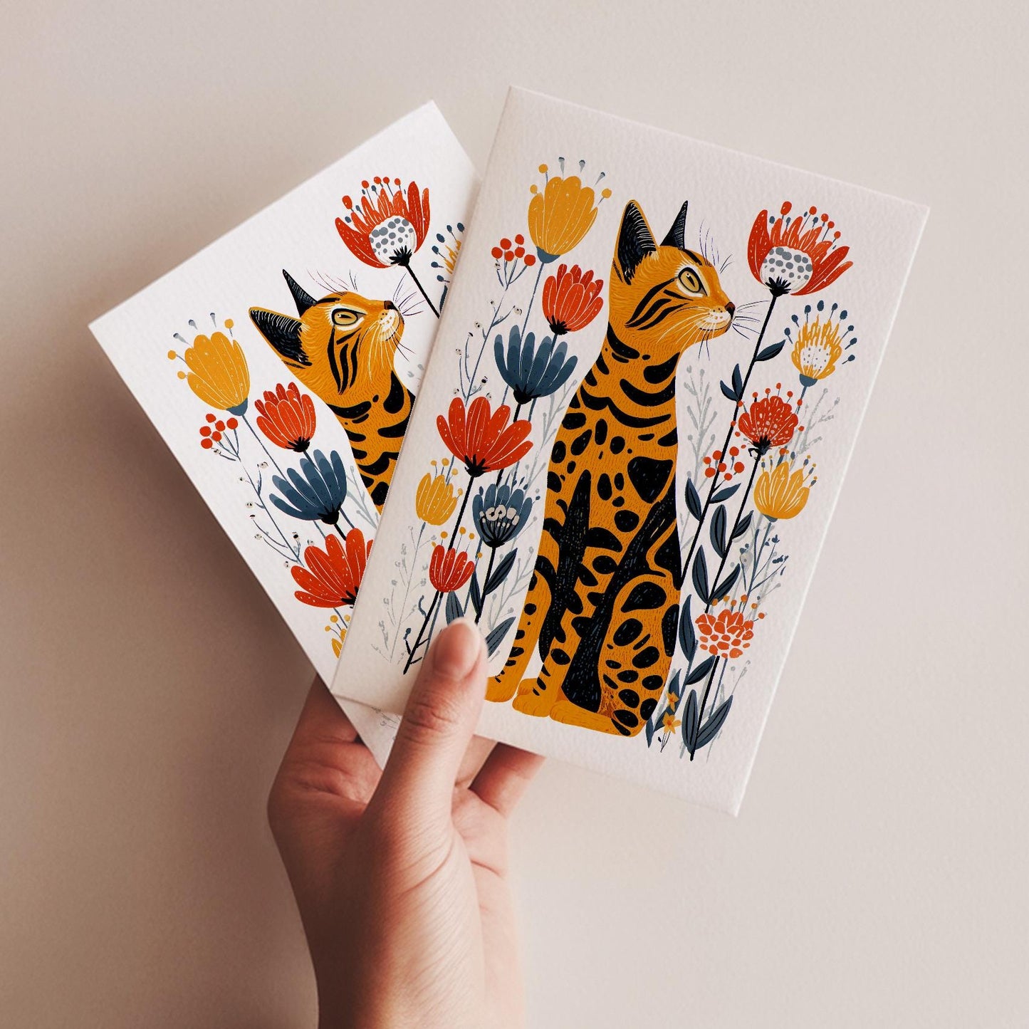 Bengal Cat folk-art greeting card, blank inside