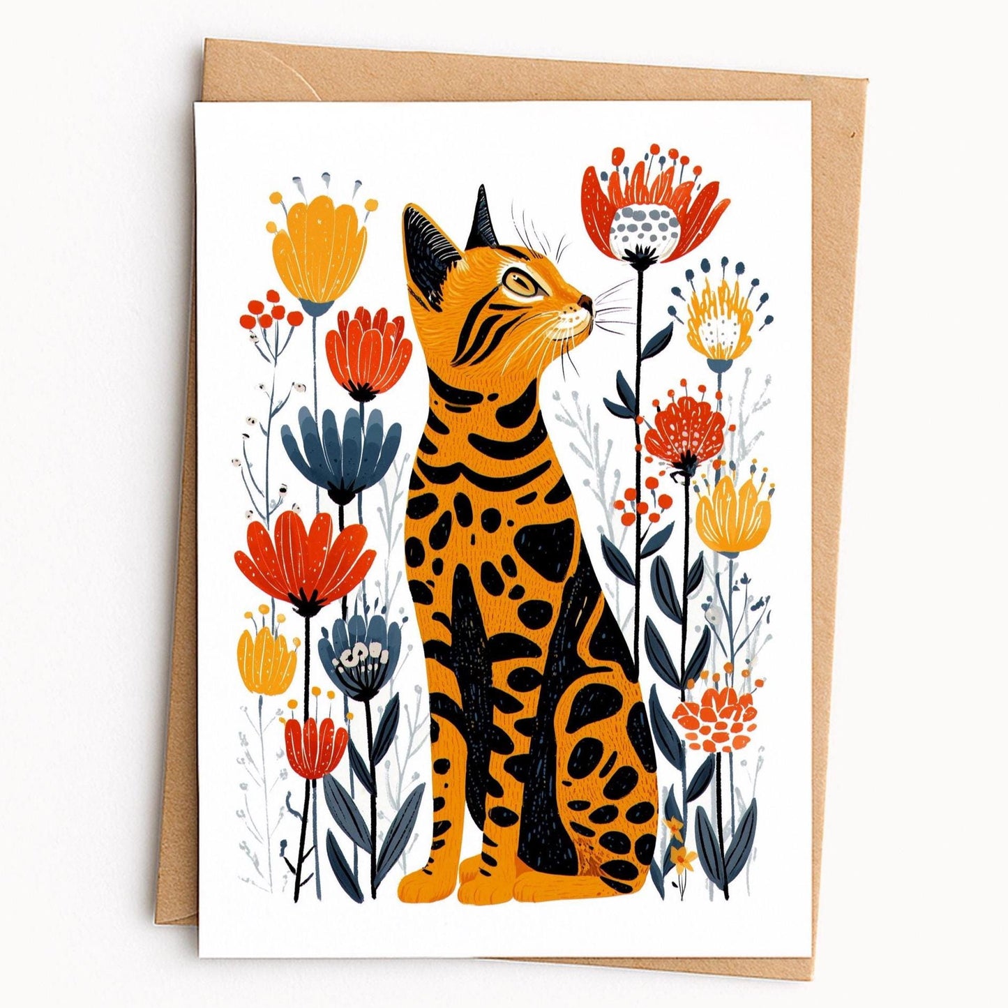 Bengal Cat folk-art greeting card, blank inside
