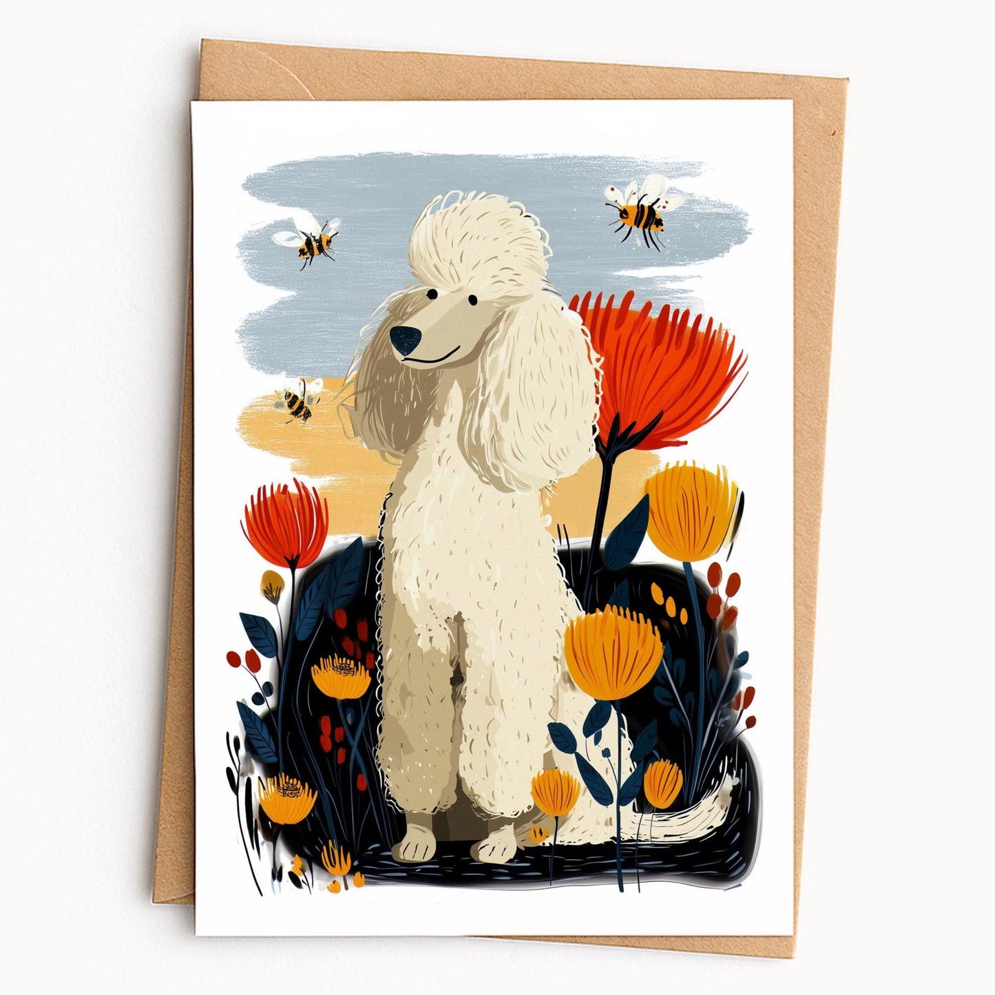 White Poodle folk-art greeting card, blank inside