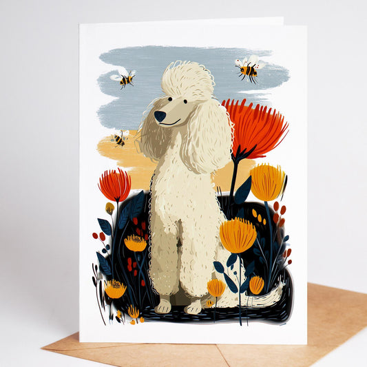 White Poodle folk-art greeting card, blank inside