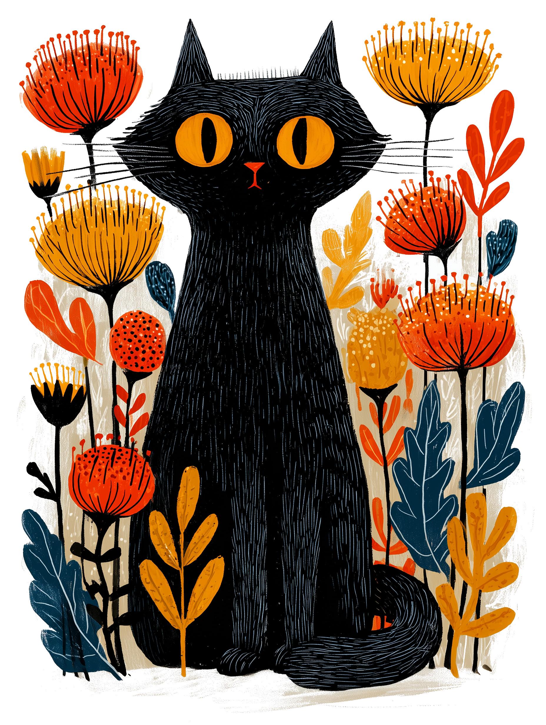 Black Cat folk-art greeting card, blank inside
