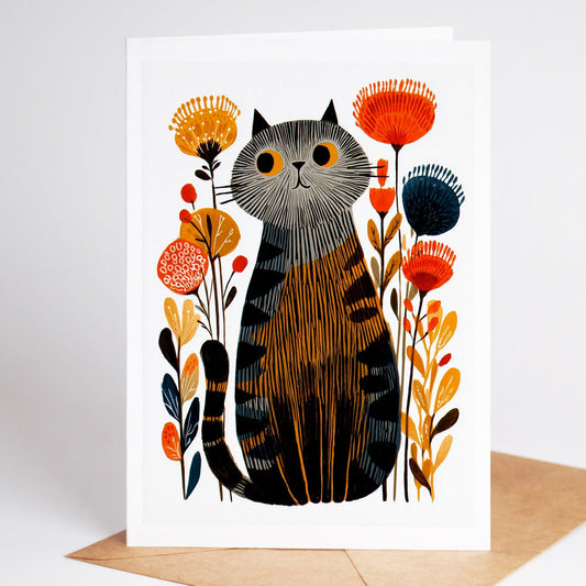 Grey Tabby Cat folk-art greeting card, blank inside