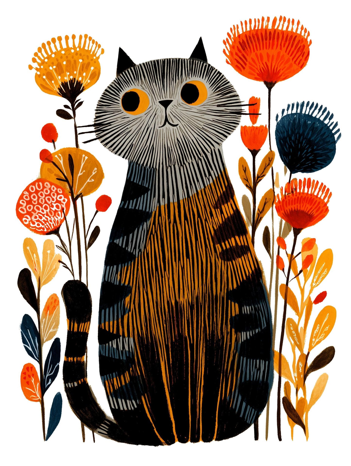 Grey Tabby Cat folk-art greeting card, blank inside