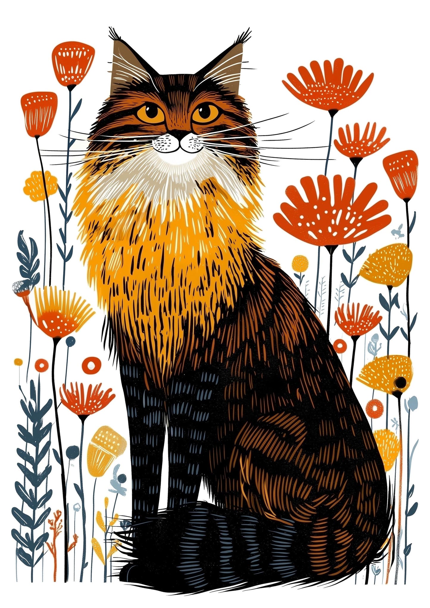 Maine Coon Cat folk-art greeting card, blank inside