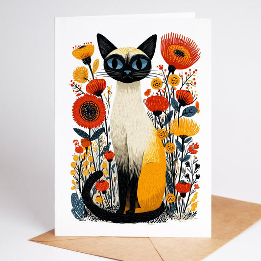 Siamese Cat folk-art greeting card, blank inside