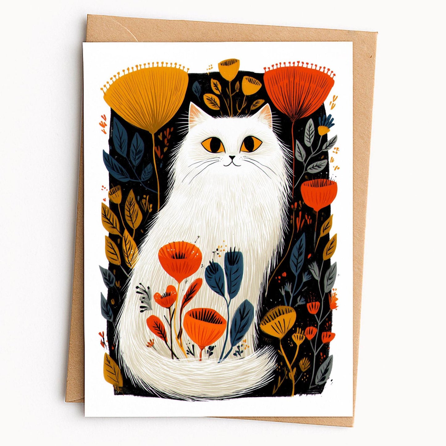 White Cat folk-art greeting card, blank inside