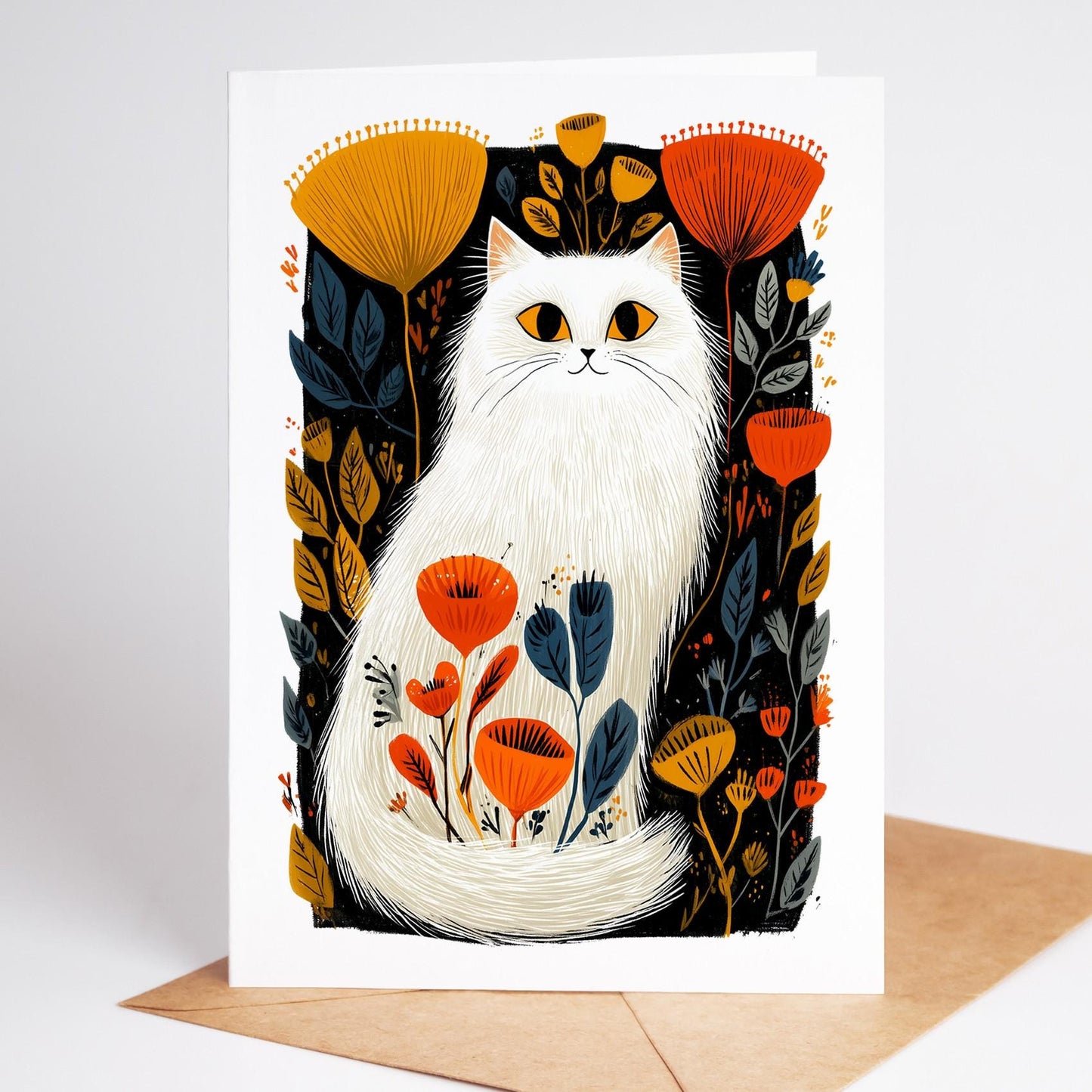 White Cat folk-art greeting card, blank inside