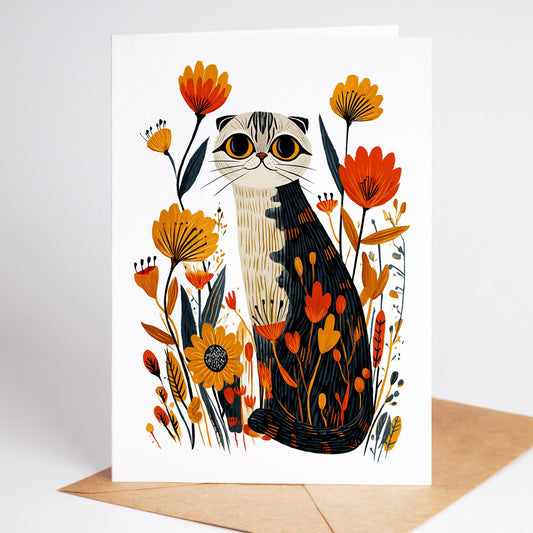 Scottish Fold Cat folk-art greeting card, blank inside