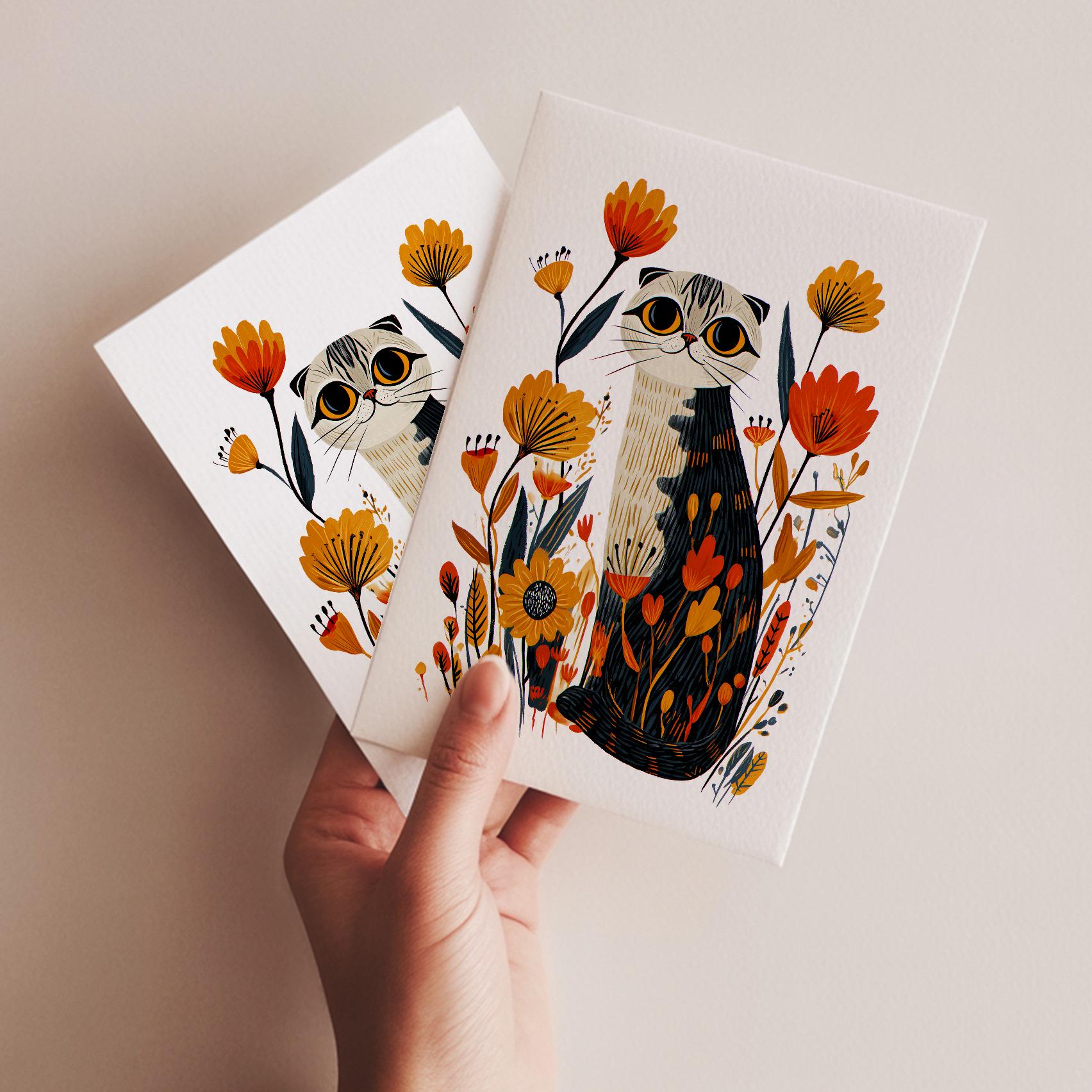 Scottish Fold Cat folk-art greeting card, blank inside