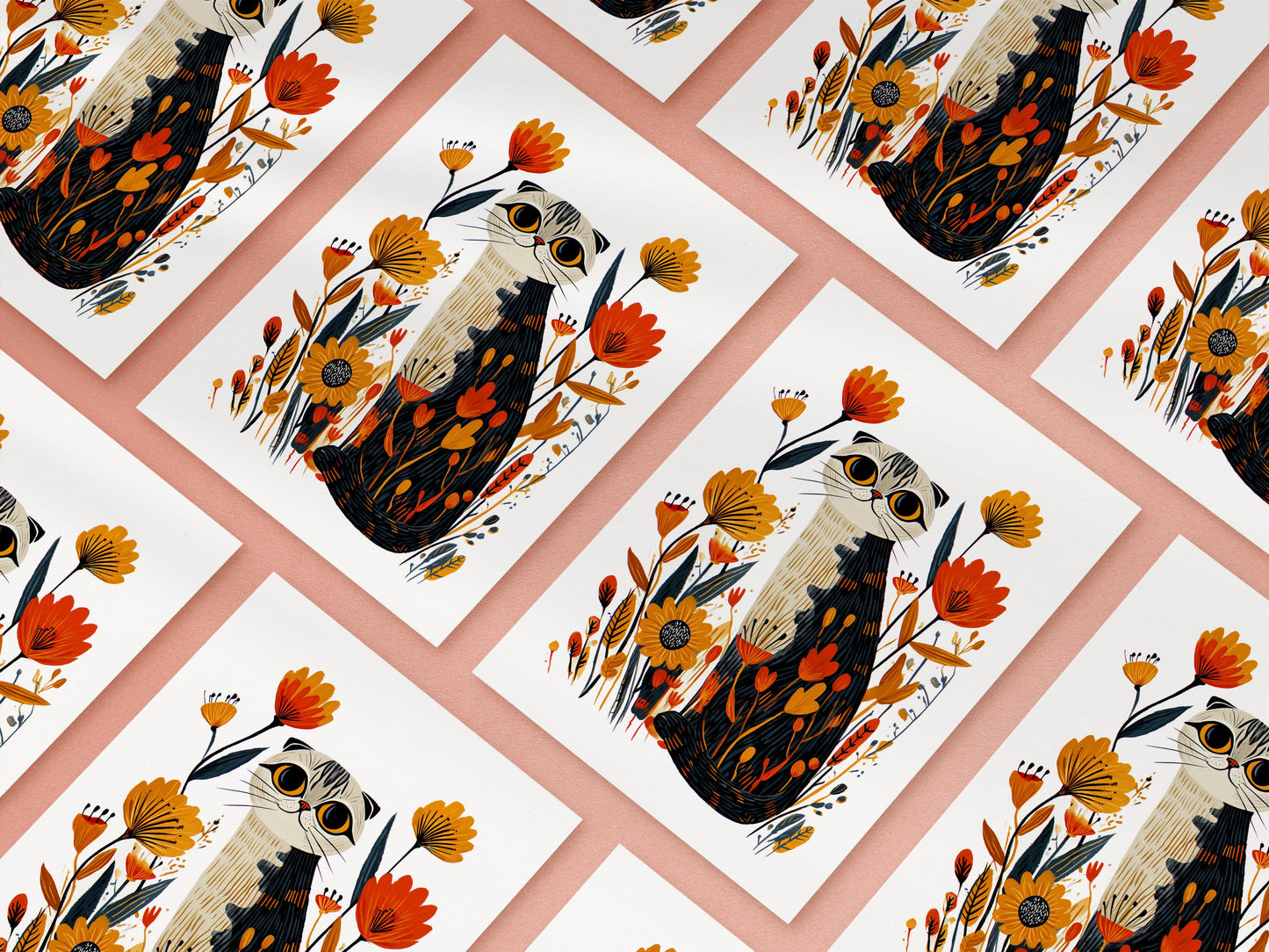 Scottish Fold Cat folk-art greeting card, blank inside