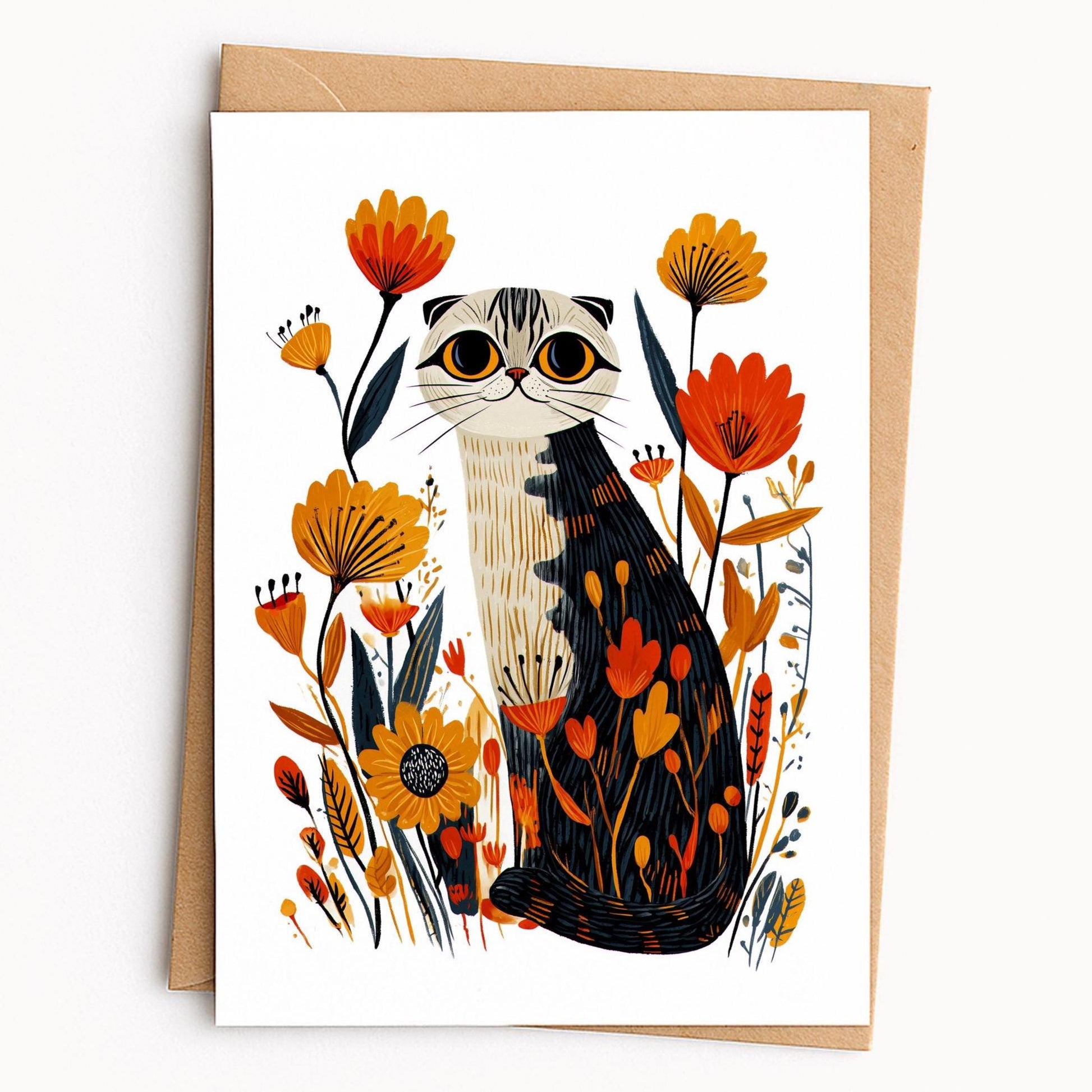 Scottish Fold Cat folk-art greeting card, blank inside