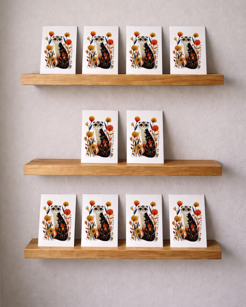Scottish Fold Cat folk-art greeting card, blank inside