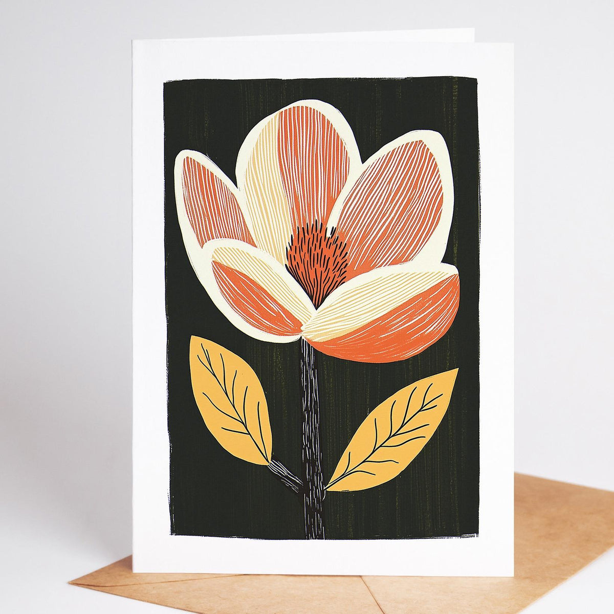 Mid century modern floral card, a cream and coral magnolia with marigold leaves on black