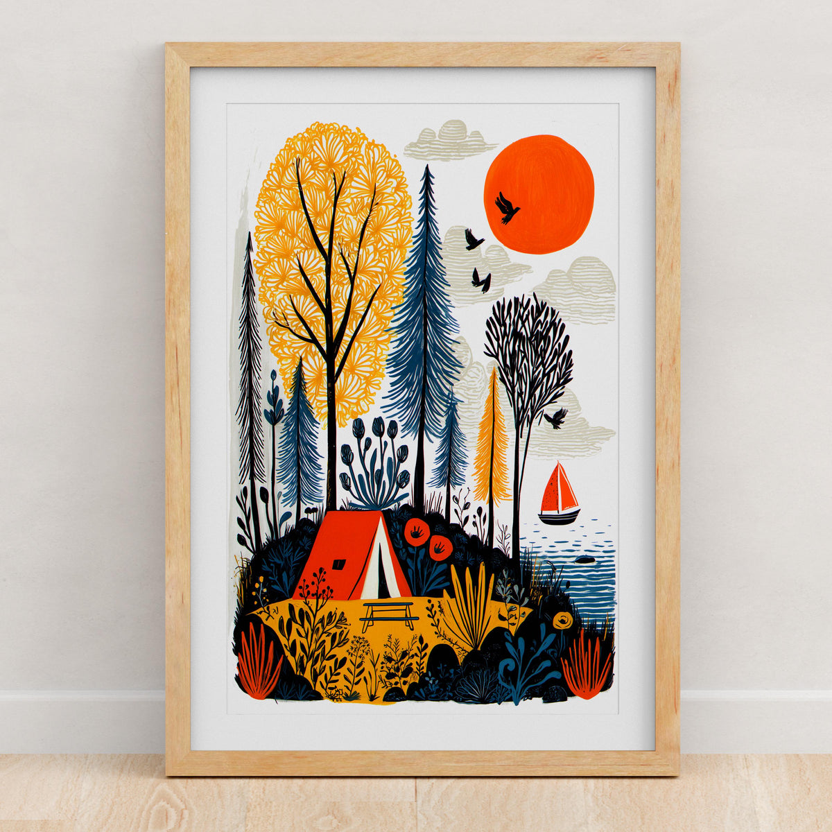 Camping folk art wall print, linocut style wilderness scene