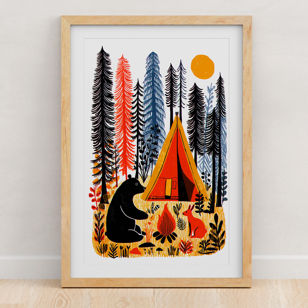 Camping folk art wall print, linocut style wilderness scene
