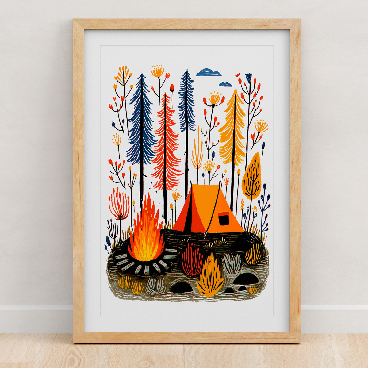 Camping folk art wall print, linocut style wilderness scene