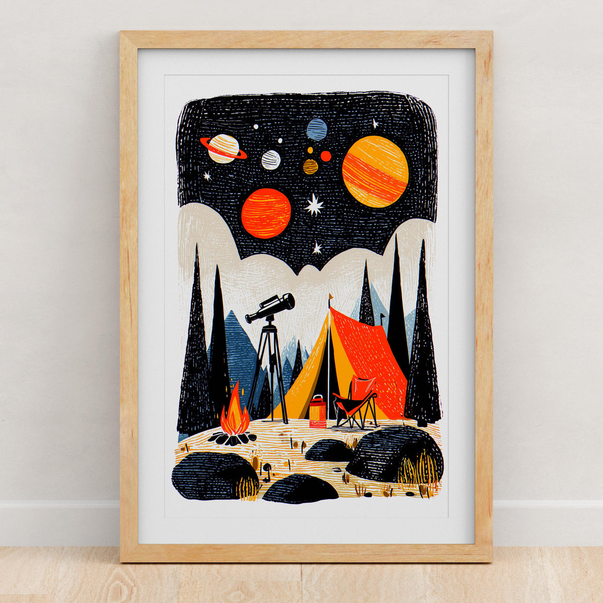 Camping folk art wall print, linocut style wilderness scene